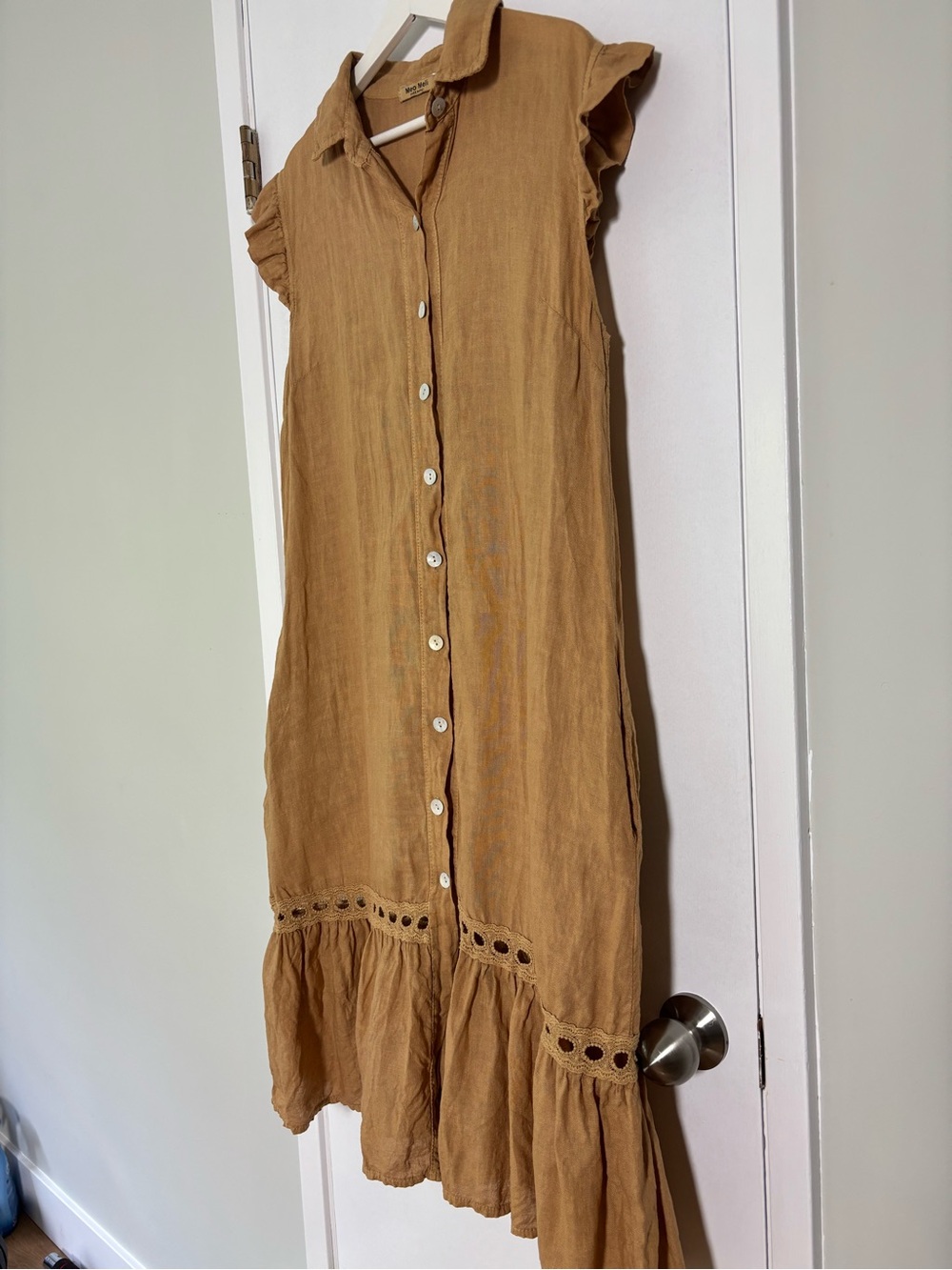 Meo Meli Italian Linen Dress M/L Camel Button Front Eyelet Trim Lagenlook Boho - Picture 8 of 10